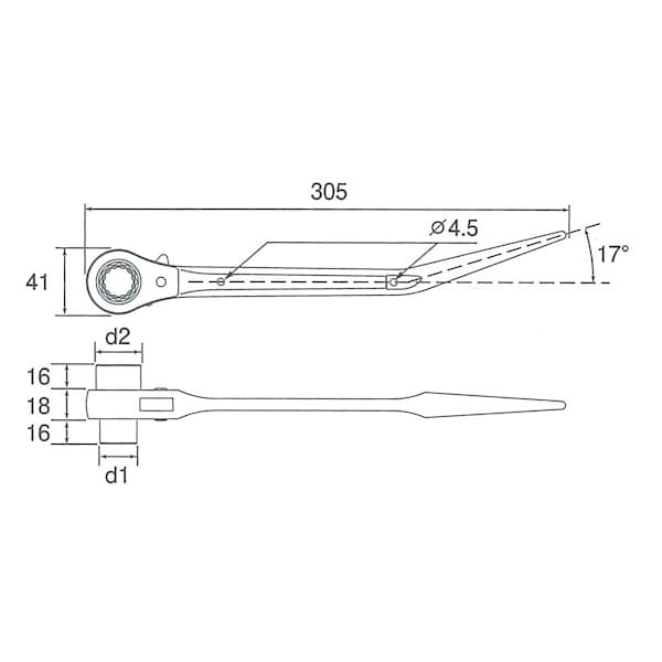 鳶仕様 ラチェットレンチ 17mm/21mm 曲がりシノ付 ガチャ RM-17×21N-BT トップ工業