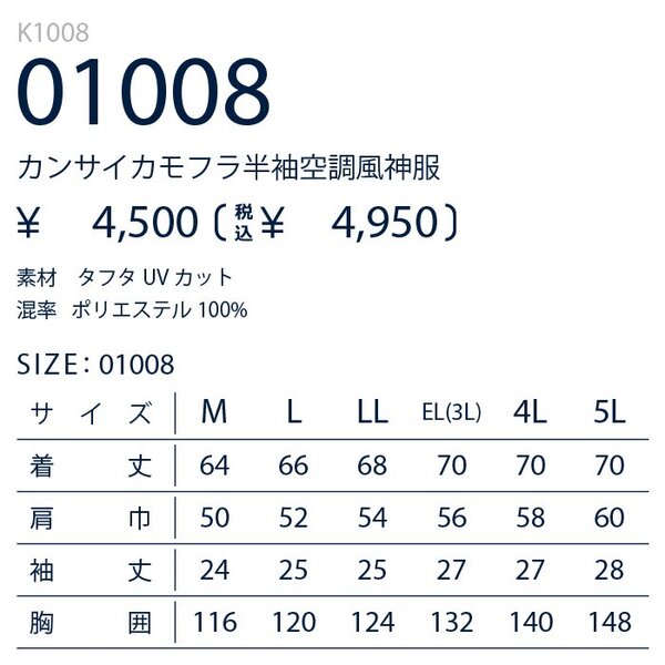 カンサイ 空調風神服 半袖 カモフラ K1008 大川被服 ファンバッテリーセット