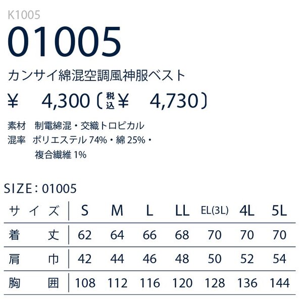 カンサイ 空調風神服 ベスト K1005 大川被服 服のみ