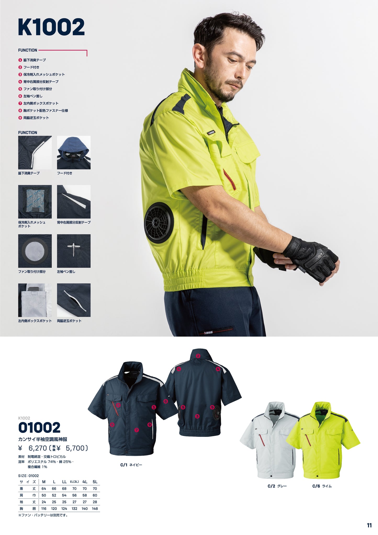 カンサイ 空調風神服 半袖 K1002 大川被服 ファンバッテリーセット