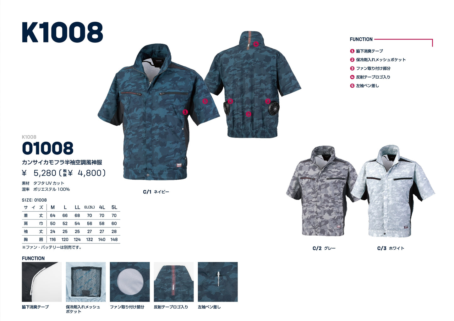 カンサイ 空調風神服 半袖 カモフラ K1008 大川被服 ファンバッテリーセット