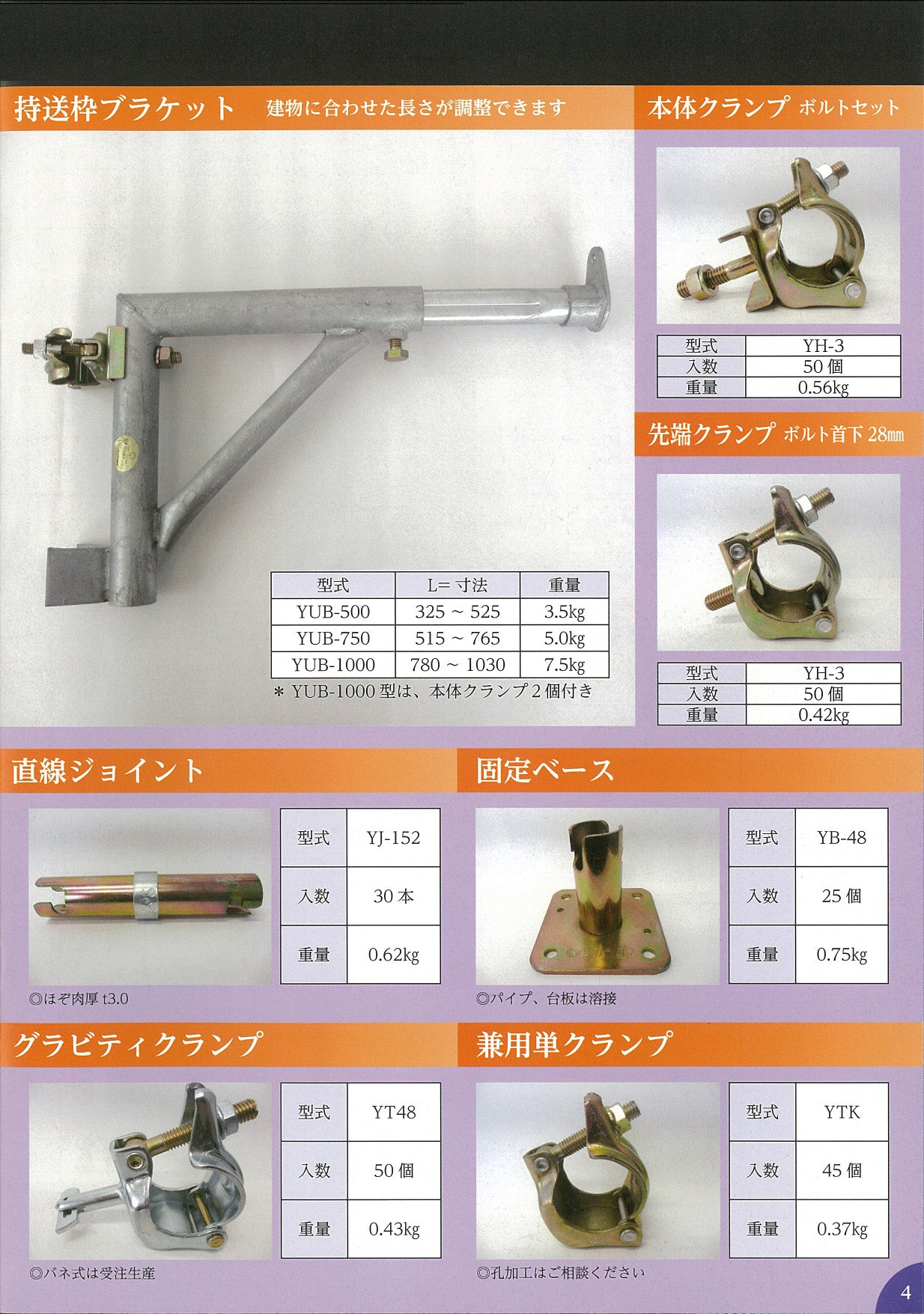 伸縮ブラケット YUB-500/YUB-1000 持ち送り枠 ユハラ工業