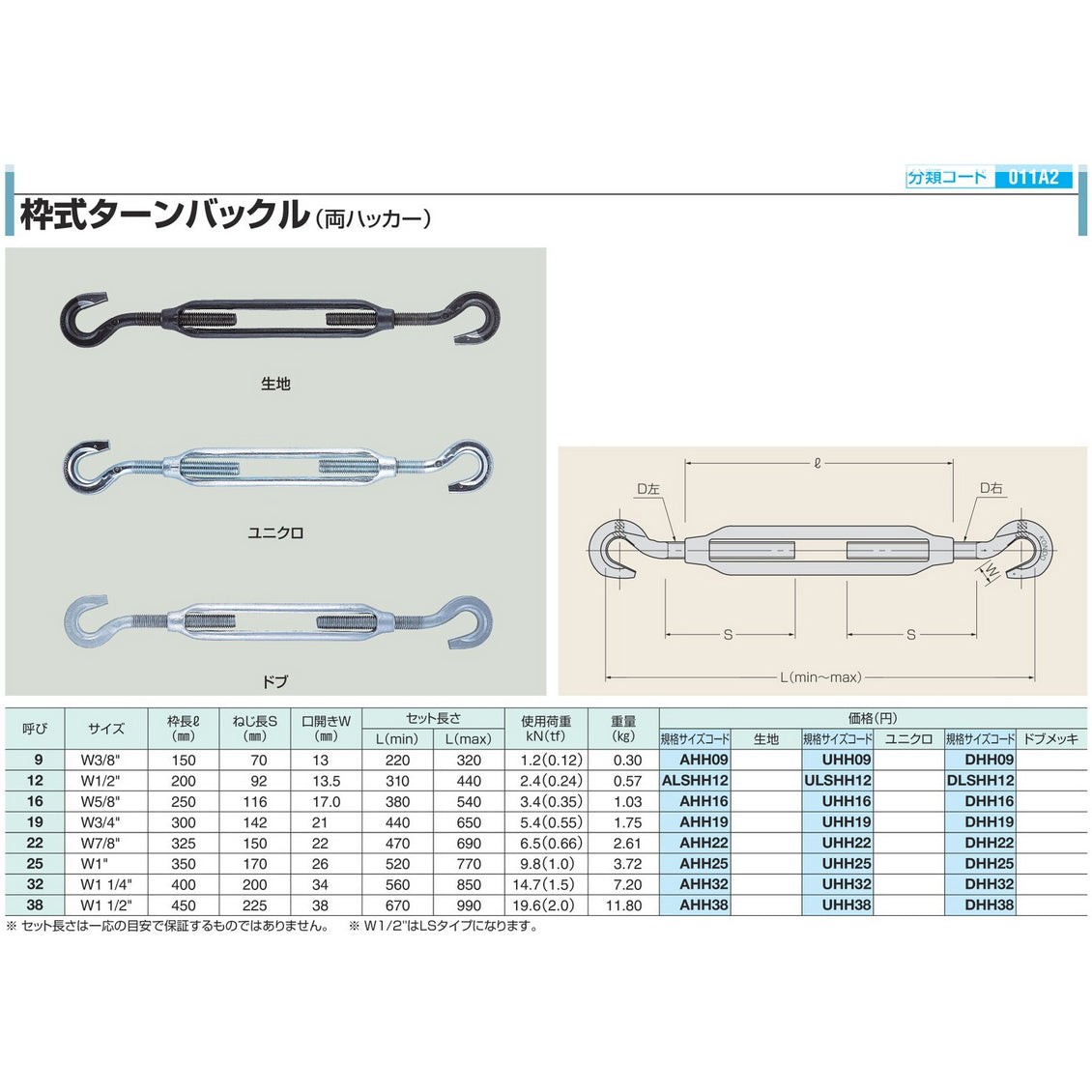 枠式ターンバックル 両ハッカー ユニクロ W1/2 TB-H/H コンドーテック