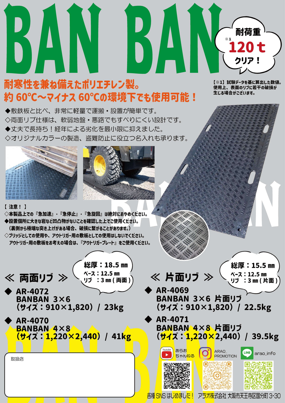 樹脂製敷板 BANBAN 軽量で丈夫 アラオ – ぼんてん屋|足場や足場材販売と買取の総合通販サイト