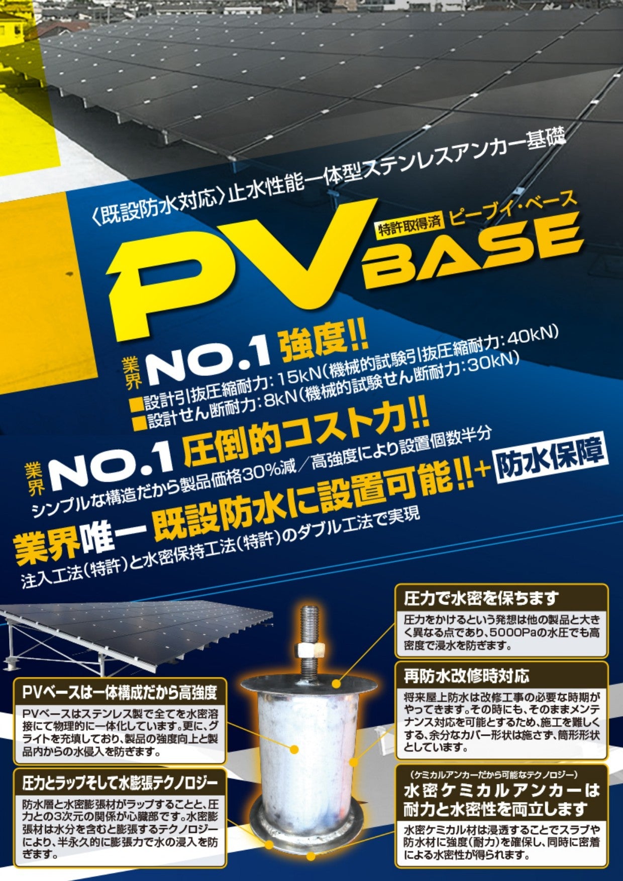 太陽光発電架台基礎 PVベース ユハラ 既設防水対応 特許商品