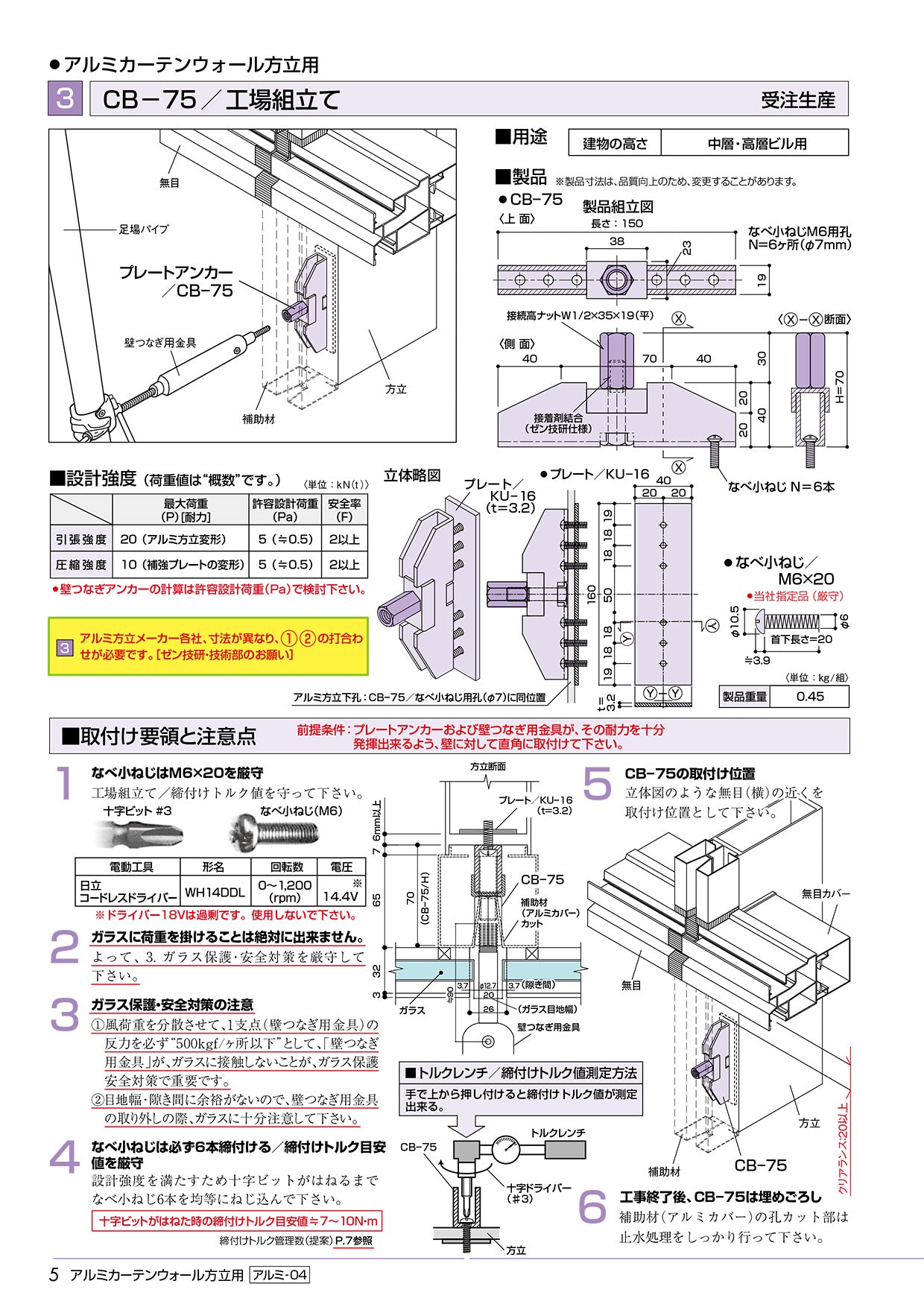 先付け施工足場つなぎアンカー アルミカーテンウォール方立用 プレートアンカー CB-75 ゼン技研 25個入