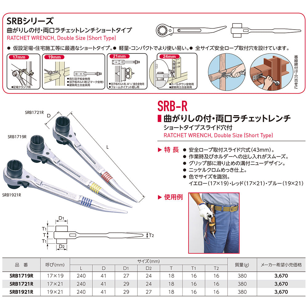 曲がりシノ付 両口ラチェットレンチ SRB1721R/SRB1719R/SRB1921R スーパーツール