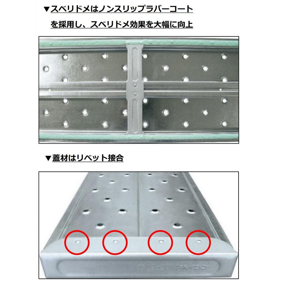 リベット接合とノンスリップ加工が施されたスチール足場板